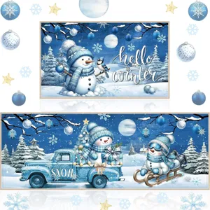 Detailansicht des weihnachtlichen Schneemann Küchenmatten Sets mit blauem LKW und Schnee.