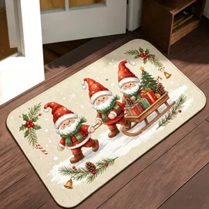 Primer plano del felpudo navideño festivo con simpáticos gnomos y regalos para la entrada.