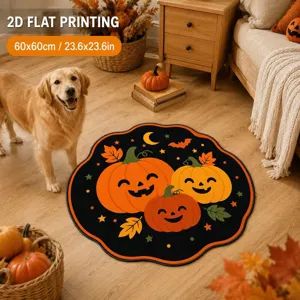 Halloween round pumpkin rug detail, cozy home decor mat with cute autumn holiday design.