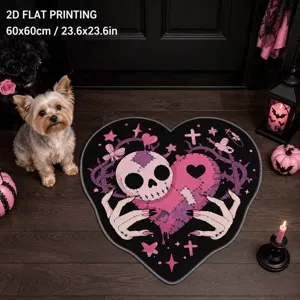 Halloween heart-shaped skull area rug, funny spooky floor mat for entryway and bathroom decor.