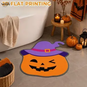Halloween pumpkin witch hat bath mat, soft non-slip floor rug for bathroom and indoor entry.
