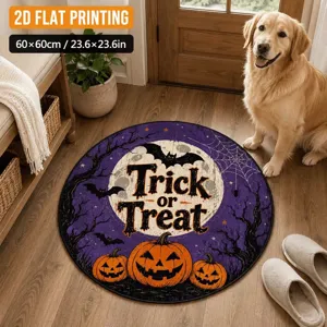 Detailed view of round Halloween doormat featuring pumpkin and bat design in cozy home scene.
