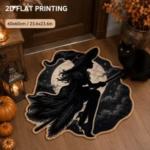 Halloween witch silhouette print circular doormat festive entryway home decor rug 60x60cm