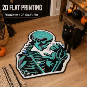 Halloween skull cat patterned plush rug, 60x60cm non-slip floor mat for bedroom, living room.