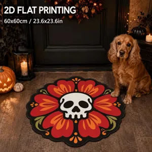 Halloween round rug with skull floral print, 60x60cm imitation cashmere soft floor mat.
