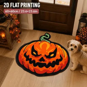 Halloween pumpkin shaped floor mat detail view, soft faux cashmere material, cozy home decor rug.