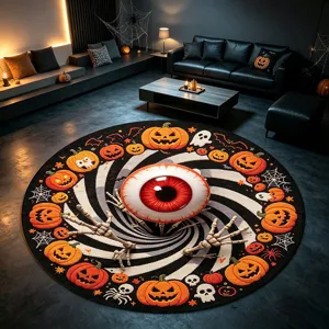 Tappeto rotondo di Halloween per soggiorno, design con zucca spaventosa, tappetino morbido.