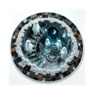Halloween runder Teppich 3D Illusion Geister Friedhof Matte fuer Wohnzimmer Deko Detail