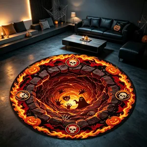 Tappeto rotondo illusione 3D Halloween dettaglio con teschio e fuoco per soggiorno accogliente.