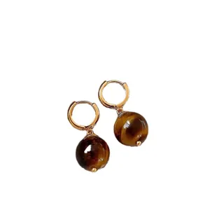 French vintage natural tiger eye stone hoop earrings, elegant light luxury jewelry for women.