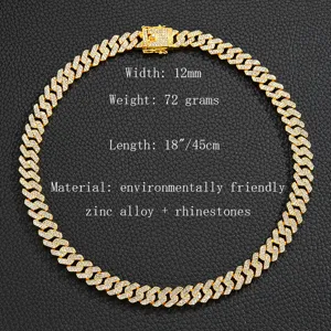Collier chaîne gourmette cubaine glacée 12mm pour hommes, bijoux en or strass hip-hop.