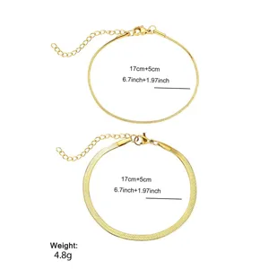 Close-up detail of double layered gold snake chain bracelet with length and weight specs.