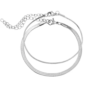 Close-up detail shot of a double-layered silver snake bone chain bracelet with extension.