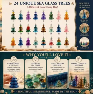 Set de calendario de adviento 24 árboles de Navidad únicos de vidrio marino colorido y artesanal.