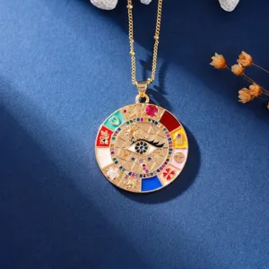 Detailed view of colorful zircon enamel evil eye pendant necklace, exquisite brass jewelry design.