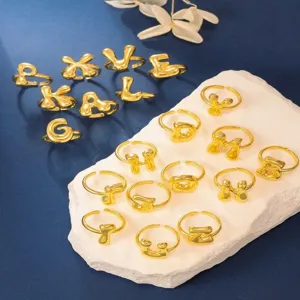 Gold puffed initial letter rings adjustable fashion metal alphabet jewelry for women daily wear
