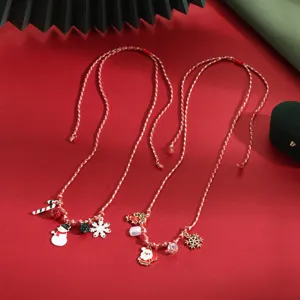 Christmas braided red white rope necklace with cute Santa snowman pendants for women daily wear