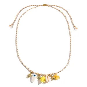 Boho ocean style braided adjustable necklace with cute fish and shell charms for women beach wear.