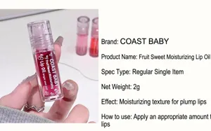 Primer plano detallado del aceite labial hidratante con textura transparente y brillante.