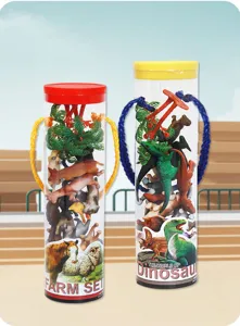 Kids plastic dinosaur and farm animal toy set in transparent buckets with handles, fun gift.