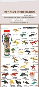 Detailed size chart for barrel-stored plastic simulation animal toy set with dimensions.