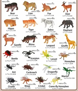 Detailed view of various simulation wild animal and insect plastic toy figures with size specs.