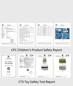 Detailed view of safety certification and test reports for educational plastic toy sets.