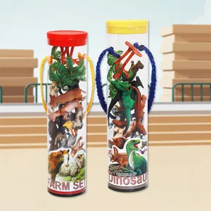 Plastic barrel dinosaur and farm animal toy set, simulation wildlife figures for kids education.