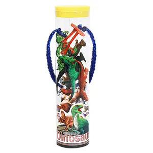 Plastic dinosaur toy set in bucket with figures trees and portable handle for kids play