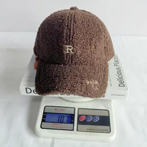 Vue détaillée de la casquette de baseball en sherpa marron avec broderie et affichage.