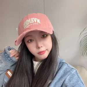 Distressed pink baseball cap for women, breathable soft top casual duckbill hat trendy.
