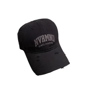 Distressed black baseball cap for women with front embroidery, casual vintage curved brim dad hat.