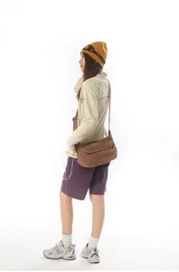 Retro canvas shoulder bag for women, casual crossbody bag, minimalist Japanese style solid color.