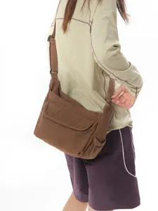 Vintage brown canvas shoulder bag, casual crossbody bag with wide strap for daily retro style.