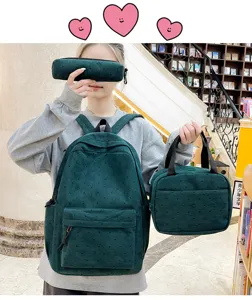 Ensemble de sac à dos 3 pièces en velours côtelé vert, cartable étudiant avec motif étoiles.