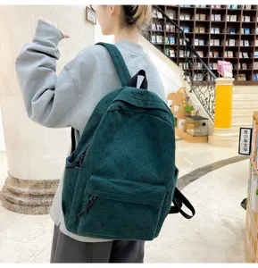 Sac a dos en velours cotele vert pour femmes, grand sac d'ecole pour etudiants, sac casual.