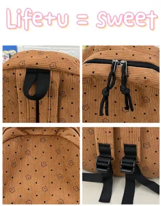 Détail du sac à dos en velours côtelé avec imprimé étoiles, fermetures et sangles solides.