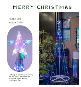 Detail view of LED cone Christmas tree light with RGB remote color changing star topper decor.