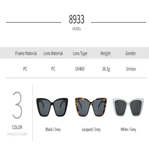 Detailtabelle für Katzenaugen Sonnenbrille mit PC-Material, UV400 Linse und Farboptionen.
