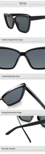 Klassische schwarze Katzenauge Sonnenbrille Detail mit Scharnieren und Nasenpolstern.