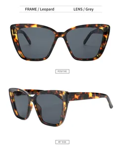 Katzenaugen Sonnenbrille Detailansicht, Leo-Rahmen graue Gläser, stilvolle Brillenpräsentation.