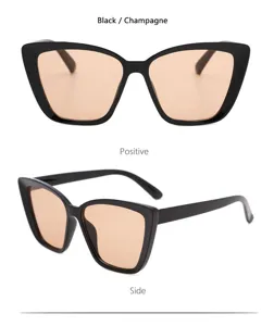 Katzenauge Sonnenbrille Detailansicht, schwarzer Vollrand mit Champagner Gläsern, UV Schutz.