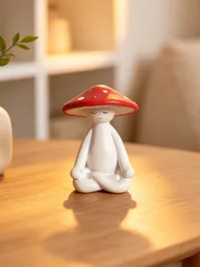 Meditating mushroom figurine home decor, minimalist resin craft ornament for desktop and room.