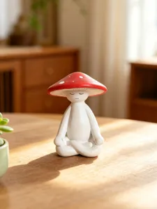Detailed close-up of a meditating mushroom figurine in resin, modern home desktop decor ornament.