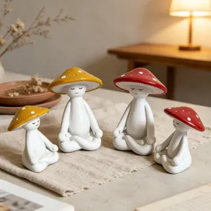Cute meditation mushroom figurine set home decor minimalist resin craft ornament desktop decor