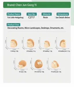 Detailed size chart for cute mini hedgehog resin figurines, garden landscape DIY decor pieces.