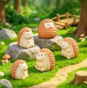 Cute miniature hedgehog resin figurines set in forest scene, perfect for desktop decor and DIY landscaping.