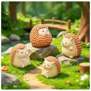 Cute mini hedgehog figurines detail view, ideal for fairy garden landscaping and desktop decor.