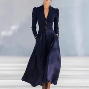 Elegant long sleeve V-neck puff sleeve maxi dress with cinched waist for women detail view.