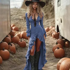 Detailed showcase of the elegant blue long-sleeve V-neck dress displayed outdoors nicely.